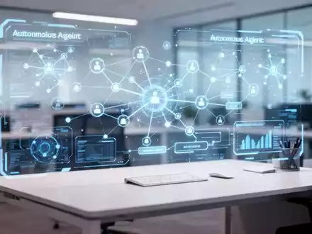 Digitale Darstellung autonomer KI-Agenten-Workflows und Datenknoten in einer modernen Büroumgebung. - Foto: über boerse-global.de