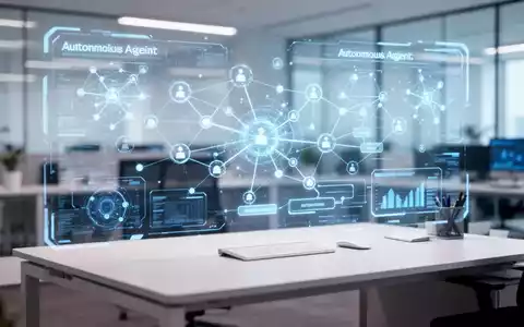 Digitale Darstellung autonomer KI-Agenten-Workflows und Datenknoten in einer modernen Büroumgebung. - Foto: über boerse-global.de