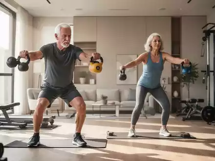 Ein fittes Paar über 55 trainiert mit Kettlebells in einem modernen Heim-Fitnessstudio. - Foto: über boerse-global.de