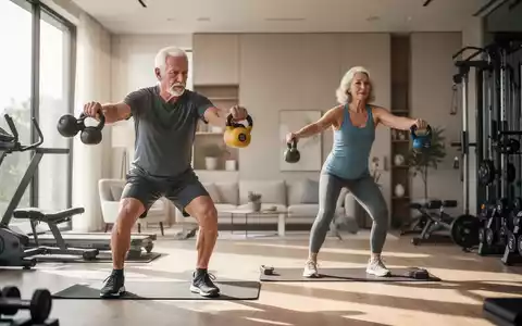 Ein fittes Paar über 55 trainiert mit Kettlebells in einem modernen Heim-Fitnessstudio. - Foto: über boerse-global.de