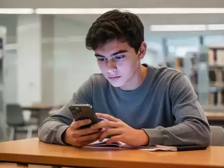 Ein konzentrierter Schüler sitzt in einer modernen Bibliothek und betrachtet sein Smartphone. - Foto: über boerse-global.de