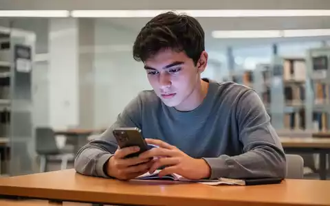 Ein konzentrierter Schüler sitzt in einer modernen Bibliothek und betrachtet sein Smartphone. - Foto: über boerse-global.de