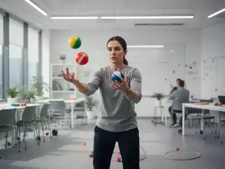 Eine Person übt konzentriert mit Jonglierbällen in einem hellen, modernen Seminarraum zur Förderung der kognitiven Fitness. - Foto: über boerse-global.de