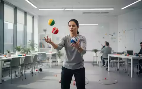 Eine Person übt konzentriert mit Jonglierbällen in einem hellen, modernen Seminarraum zur Förderung der kognitiven Fitness. - Foto: über boerse-global.de