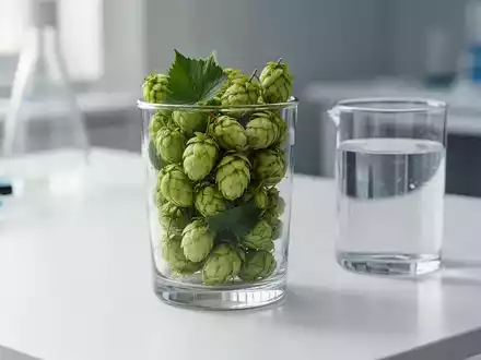 Frischer Hopfen und ein Glas Wasser auf einem Labortisch zur Illustration von Stoffwechselstudien. - Foto: über boerse-global.de
