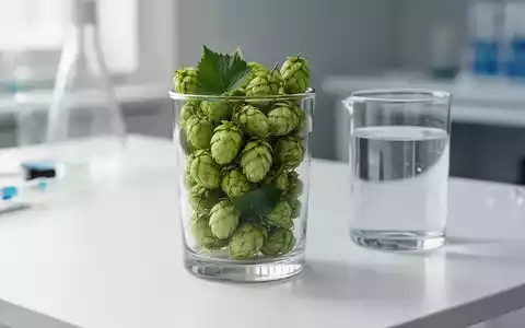 Frischer Hopfen und ein Glas Wasser auf einem Labortisch zur Illustration von Stoffwechselstudien. - Foto: über boerse-global.de