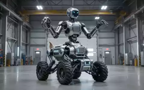 Ein hochmoderner Rettungsroboter mit vierrädrigem Fahrwerk und humanoiden Armen in einer industriellen Umgebung. - Foto: über boerse-global.de