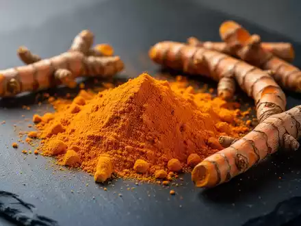 Häufchen aus leuchtend gelb-orangem Kurkumapulver und getrockneten Kurkumawurzeln auf einem dunklen Hintergrund. - Foto: über boerse-global.de
