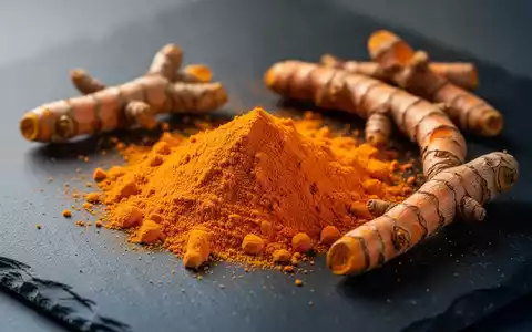 Häufchen aus leuchtend gelb-orangem Kurkumapulver und getrockneten Kurkumawurzeln auf einem dunklen Hintergrund. - Foto: über boerse-global.de