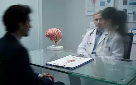 Ein medizinisches BeratungsgesprĂ€ch in einem modernen BĂŒro mit einem anatomischen Modell des Gehirns im Hintergrund. - Foto: ĂŒber boerse-global.de
