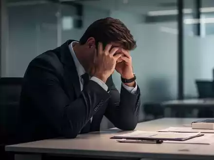 Ein Mann sitzt nachdenklich und sichtlich erschöpft an einem Schreibtisch in einem modernen Büro. - Foto: über boerse-global.de