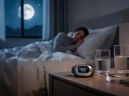 Ein ruhiges Schlafzimmer bei Nacht mit einem Schlaftracker auf dem Nachttisch, symbolisch für die Bedeutung von Schlaf. - Foto: über boerse-global.de