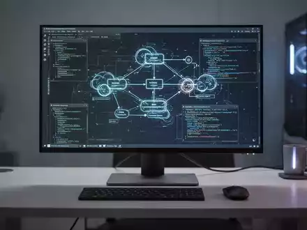 Moderner Linux-Arbeitsplatz mit leuchtender Software-Architektur-Anzeige auf einem Monitor in einem professionellen Büro. - Foto: über boerse-global.de