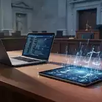 Ein moderner Gerichtssaal mit Laptop und digitalen Datenströmen als Symbol für den Einsatz von KI in der Justiz. - Foto: über boerse-global.de