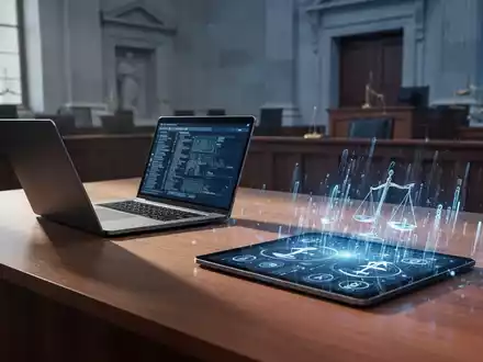 Ein moderner Gerichtssaal mit Laptop und digitalen Datenströmen als Symbol für den Einsatz von KI in der Justiz. - Foto: über boerse-global.de