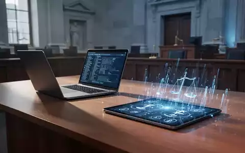 Ein moderner Gerichtssaal mit Laptop und digitalen Datenströmen als Symbol für den Einsatz von KI in der Justiz. - Foto: über boerse-global.de