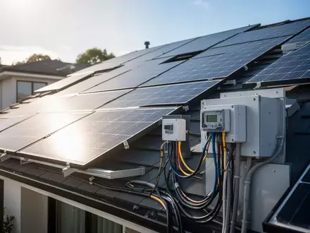 Moderne Photovoltaikanlagen auf einem Hausdach bei Sonnenschein als Symbol für Netzintegration und Energiewende. - Foto: über boerse-global.de