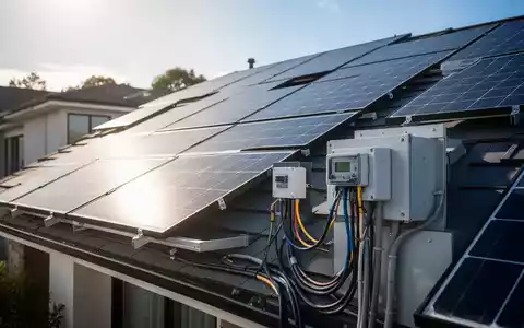 Moderne Photovoltaikanlagen auf einem Hausdach bei Sonnenschein als Symbol für Netzintegration und Energiewende. - Foto: über boerse-global.de