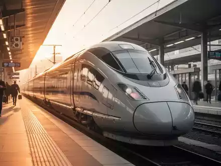 Moderner Hochgeschwindigkeitszug an einem Bahnsteig in einer Bahnhofshalle bei goldenem Licht. - Foto: über boerse-global.de