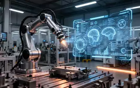 Ein moderner Roboterarm in einer Industriehalle, der mit einer holografischen KI-Datenschnittstelle interagiert. - Foto: über boerse-global.de