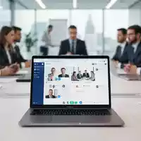 Moderner Büroarbeitsplatz mit Laptop für digitale Zusammenarbeit und virtuelle Kommunikation im betrieblichen Umfeld. - Foto: über boerse-global.de