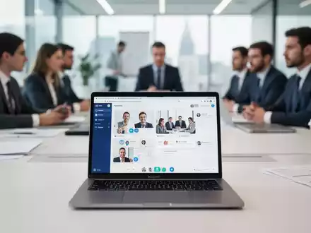Moderner Büroarbeitsplatz mit Laptop für digitale Zusammenarbeit und virtuelle Kommunikation im betrieblichen Umfeld. - Foto: über boerse-global.de