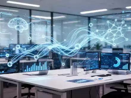 Abstrakte Darstellung von KI-gestützten Datenströmen und digitalen Prozessen in einem modernen Bürokontext. - Foto: über boerse-global.de
