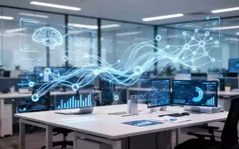 Abstrakte Darstellung von KI-gestützten Datenströmen und digitalen Prozessen in einem modernen Bürokontext. - Foto: über boerse-global.de