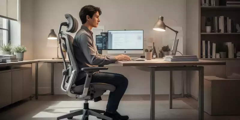 Person arbeitet an einem Schreibtisch im Homeoffice mit Fokus auf die ergonomische Sitzhaltung. - Foto: über boerse-global.de