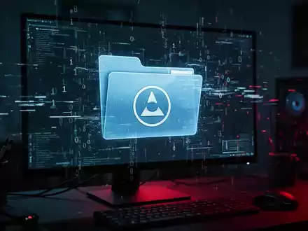 Ein Computerbildschirm zeigt eine verdächtige Datei mit VLC-Icon, die von digitalem Code und Glitch-Effekten umgeben ist. - Foto: über boerse-global.de
