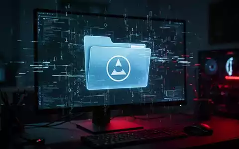 Ein Computerbildschirm zeigt eine verdächtige Datei mit VLC-Icon, die von digitalem Code und Glitch-Effekten umgeben ist. - Foto: über boerse-global.de