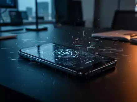 Ein modernes Smartphone auf einem Büroschreibtisch mit digitalem Glitch-Effekt als Symbol für KI-gestützte Cyberangriffe. - Foto: über boerse-global.de