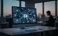 Modernes Büro am Abend mit leuchtendem Monitor, der abstrakte KI-Daten anzeigt, während ein Mitarbeiter im Hintergrund arbeitet. - Foto: über boerse-global.de