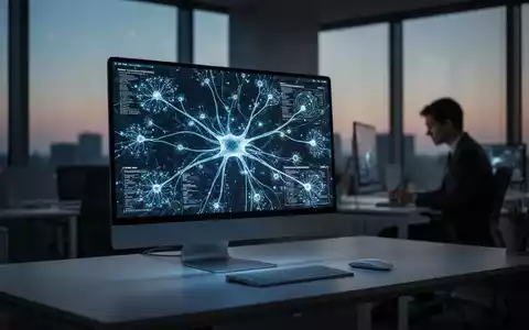 Modernes Büro am Abend mit leuchtendem Monitor, der abstrakte KI-Daten anzeigt, während ein Mitarbeiter im Hintergrund arbeitet. - Foto: über boerse-global.de