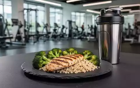 Gesunde Mahlzeit mit Protein und Gemüse neben einem Protein-Shaker in einem modernen Fitnessstudio. - Foto: über boerse-global.de