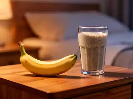 Eine frische Banane und ein Glas Smoothie auf einem Nachttisch in sanftem Abendlicht. - Foto: über boerse-global.de