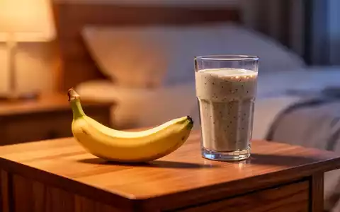 Eine frische Banane und ein Glas Smoothie auf einem Nachttisch in sanftem Abendlicht. - Foto: über boerse-global.de