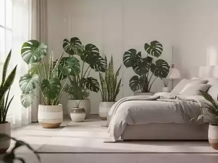 Modernes Schlafzimmer mit verschiedenen Zimmerpflanzen und minimalistischer Einrichtung für ein gesundes Raumklima. - Foto: über boerse-global.de