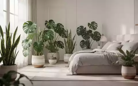Modernes Schlafzimmer mit verschiedenen Zimmerpflanzen und minimalistischer Einrichtung für ein gesundes Raumklima. - Foto: über boerse-global.de