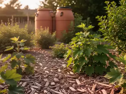 Ein sonniger, trockenheitsresistenter Garten mit gemulchten Beeten und hitzetoleranten Pflanzen an einem heißen Sommertag. - Foto: über boerse-global.de