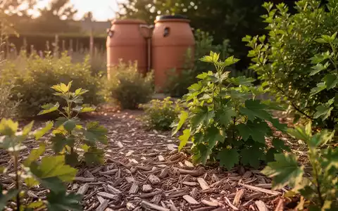 Ein sonniger, trockenheitsresistenter Garten mit gemulchten Beeten und hitzetoleranten Pflanzen an einem heißen Sommertag. - Foto: über boerse-global.de