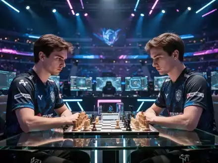 Ein fokussierter Schachspieler in einem E-Sport-Trikot in einer modern beleuchteten Arena während eines Turniers. - Foto: über boerse-global.de