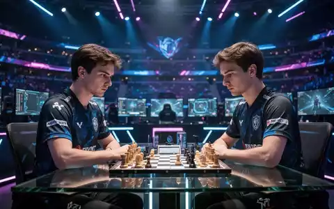 Ein fokussierter Schachspieler in einem E-Sport-Trikot in einer modern beleuchteten Arena während eines Turniers. - Foto: über boerse-global.de