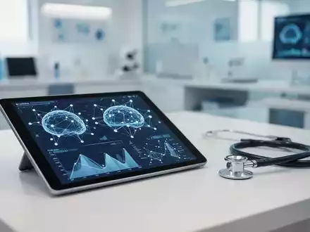 Modernes medizinisches Umfeld mit Tablet, das Datenvisualisierungen und KI-Netzwerkknoten neben einem Stethoskop anzeigt. - Foto: über boerse-global.de