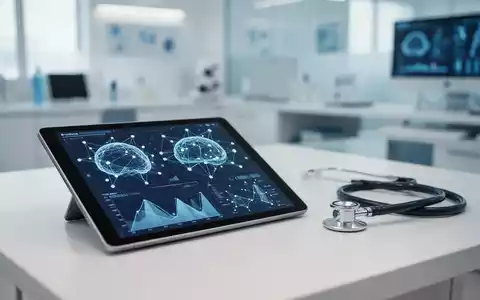 Modernes medizinisches Umfeld mit Tablet, das Datenvisualisierungen und KI-Netzwerkknoten neben einem Stethoskop anzeigt. - Foto: über boerse-global.de