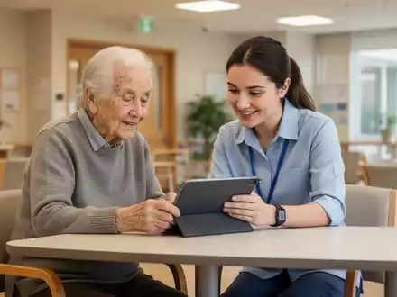 Eine ältere Person und eine Lehrkraft betrachten gemeinsam ein Tablet in einer freundlichen, modernen Lernumgebung. - Foto: über boerse-global.de