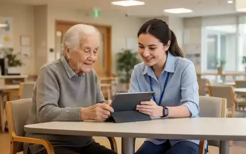Eine Ă€ltere Person und eine Lehrkraft betrachten gemeinsam ein Tablet in einer freundlichen, modernen Lernumgebung. - Foto: ĂŒber boerse-global.de