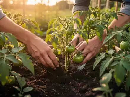 Nahaufnahme von Händen, die in einem üppigen Garten Tomatenpflanzen pflegen, umgeben von fruchtbarem Boden. - Foto: über boerse-global.de