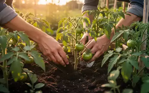 Nahaufnahme von Händen, die in einem üppigen Garten Tomatenpflanzen pflegen, umgeben von fruchtbarem Boden. - Foto: über boerse-global.de