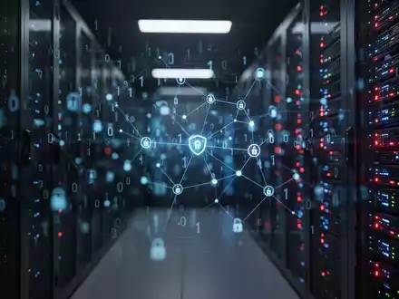 Dunkler, moderner Serverraum mit leuchtenden Lichtern, die einen digitalen Datenverstoß und Cybersicherheitsvorfall darstellen. - Foto: über boerse-global.de
